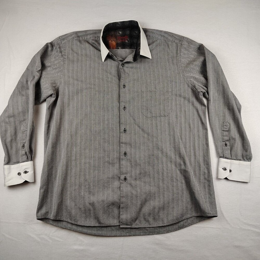Marcello Sport Black White Herringbone Button Up Long Sleeve Shirt Mens L